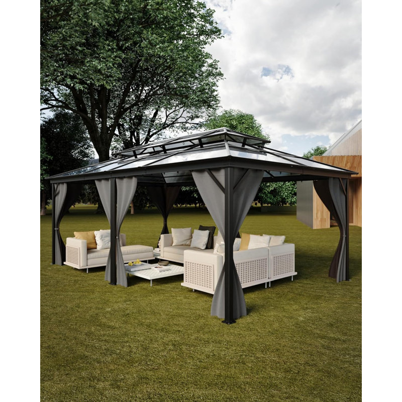 Pavillon de jardin 12 po x 20 pi, structure en aluminium, toit double en polycarbonate, avec filet et rideaux