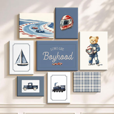 Set Of 6 Nursery Race Car Canvas Wall Art Vintage Boys Room Wall Decor Navy Blue Vehicle Pictures Teddy Bear Poster Prints Racing Car Art For Boys Bedroom Playroom Home Decoration 12X16inch