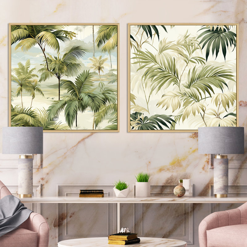 Palmier motif tropical - ensemble de 2 collages carrés tropicaux, Cadre flottant brun, H 36 po x l 73 po