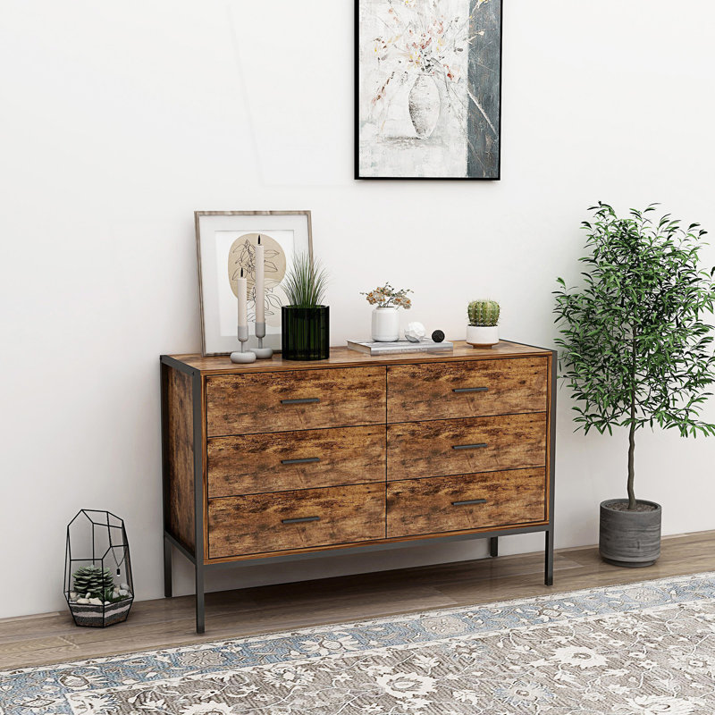 Commode double 6 tiroirs de style industriel, commode de rangement rustique, commode à 6 tiroirs, armoire de rangement