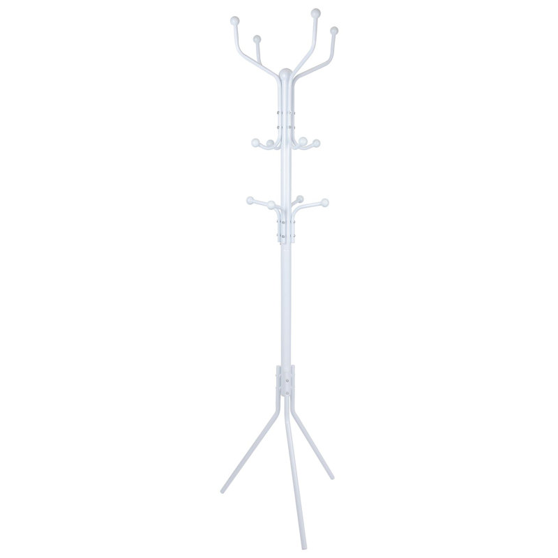 Free Standing Steel Coat Rack - Tubular Tree Stand with Multiple Hanging Hooks, White