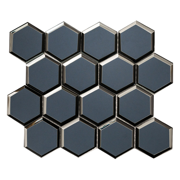 Beveled 3" Hexagon Glass Mesh-Mounted Mosaic Tile