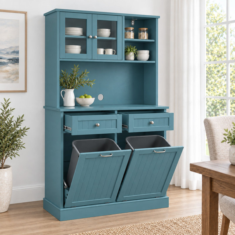 Armoire de cuisine de 172 cm de haut avec portes vitrées, tiroirs et poubelle basculante de 75 litres - Style ferme - Bleu turquoise