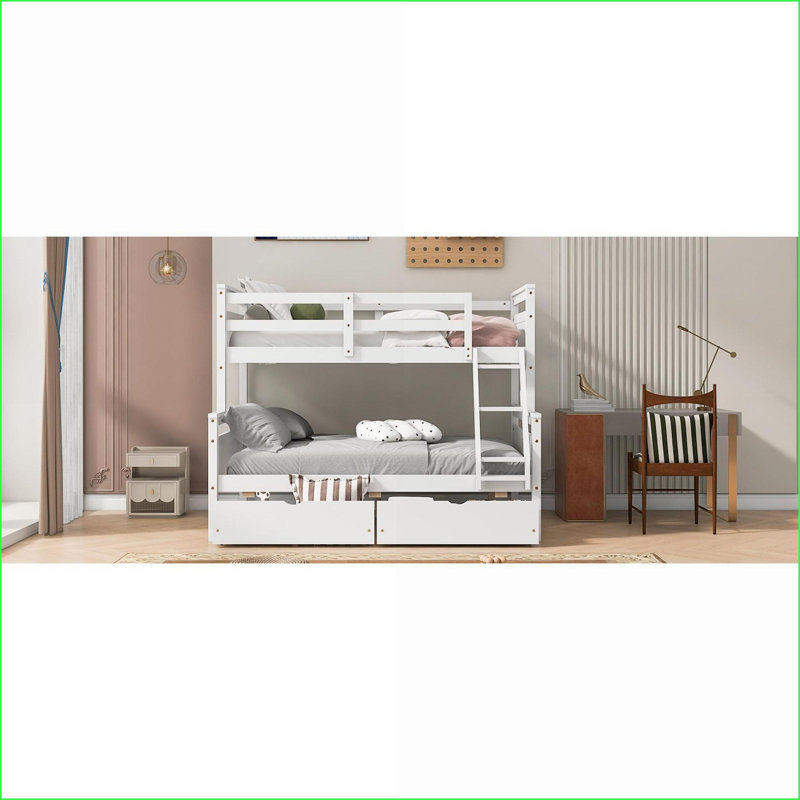 Lit superposé simple au-dessus de double en bois de pin massif avec 2 tiroirs, barrière de sécurité, aucun sommier requis, blanc