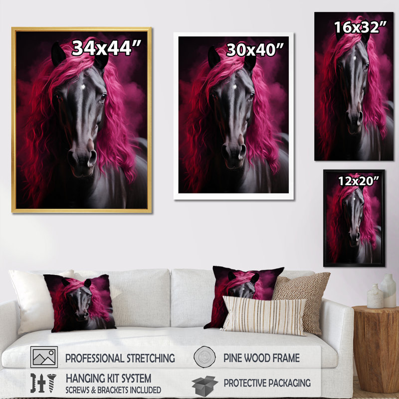«Black Pink Horse Vibrant Equine II», reproduction sur toile, Cadre photo noir, H 40 po x l 30 po x P 1,5 po
