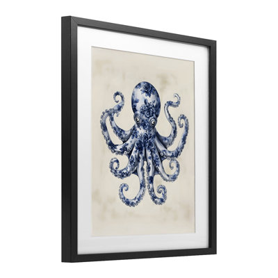 Blue Floral Octopus Framed Print Under Glass, design by Arlington Prints