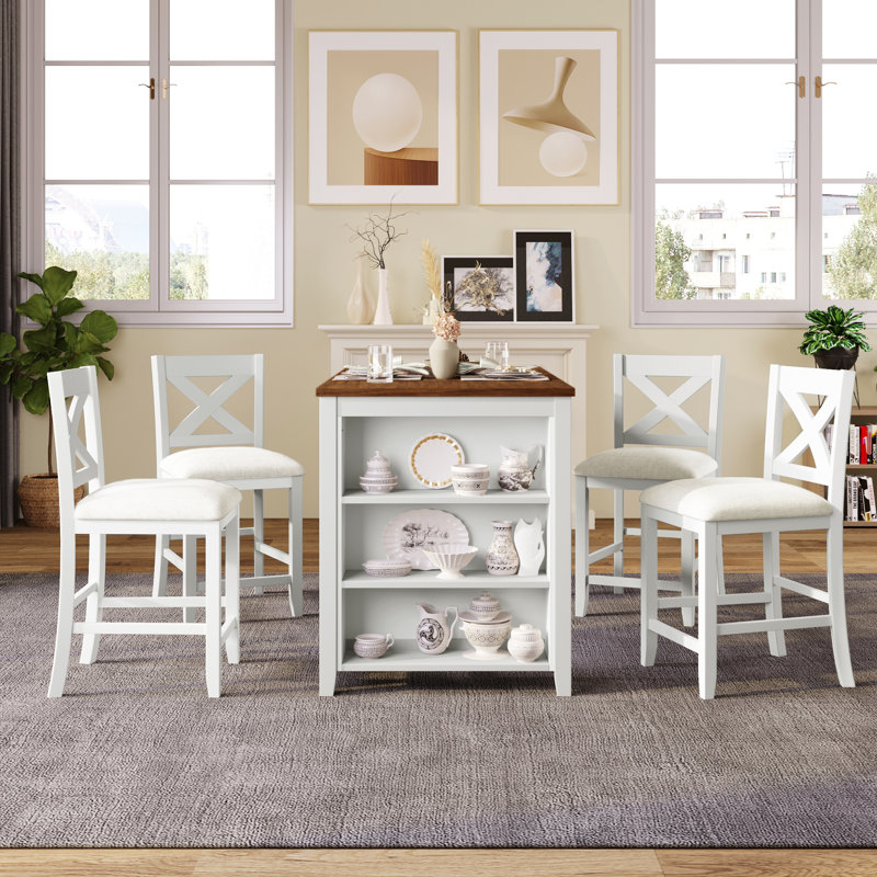 Toriana 4 - Person Four Leg Dining Set, Walnut, White, White/White