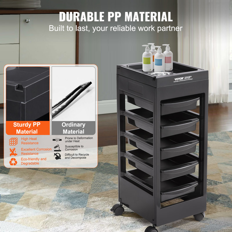 Black Plastic Salon Rolling Cart with 5 Removable Drawers