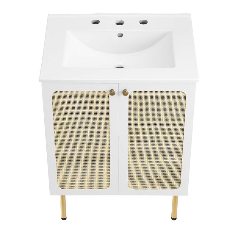 Meuble-lavabo simple 24,5 po avec plateau en bois Modway, Blanc, Blanc / doré