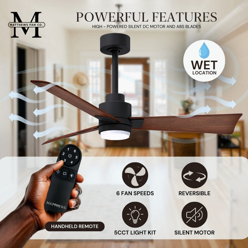 Alessandra - Three Blade Transitional Ceiling Fan -LED, Walnut, Matte Black, 42"