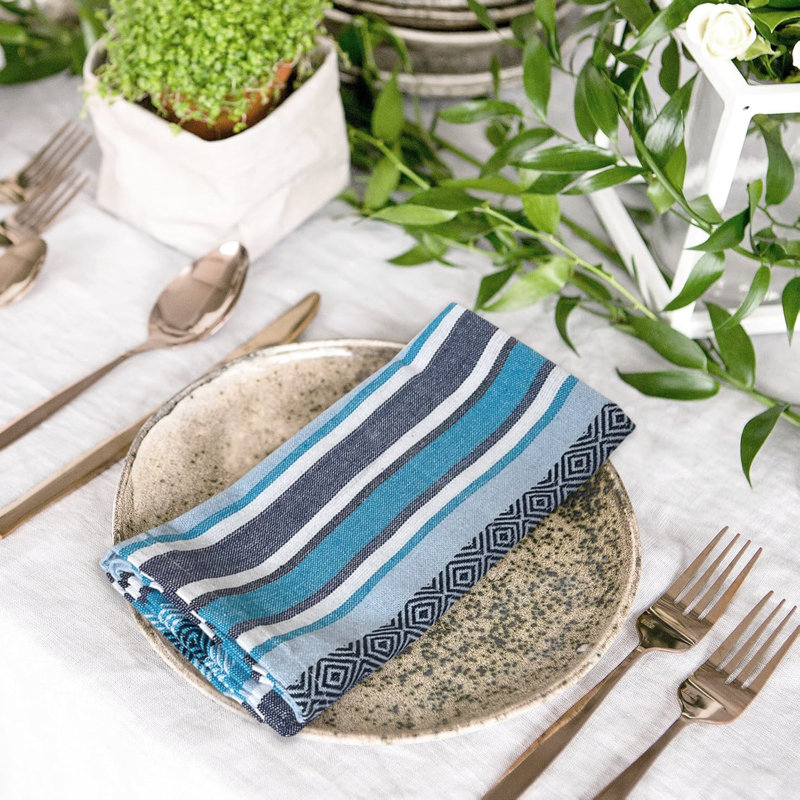 Ensemble de 12 serviettes de table en tissu tissé à rayures Salsa, Bleu
