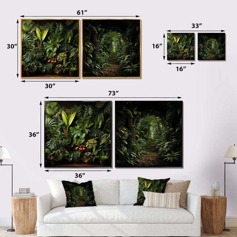 Ensemble de salon mural Jungle Plants Whispers Collage I - Jungle, H 30 po x l 61 po x P 1 po, Cadre flottant brun