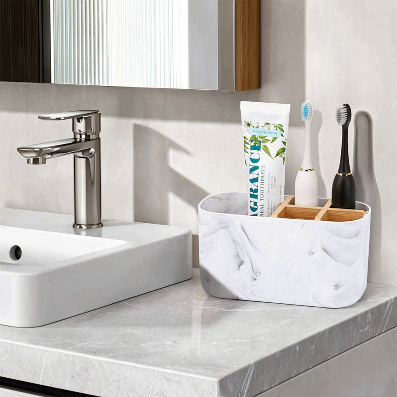 Porte-brosse à dents en bambou, organisateur de comptoir de salle de bain à 5 fentes pour brosses à dents, dentifrice, rasoirs et cosmétiques, finition marbre