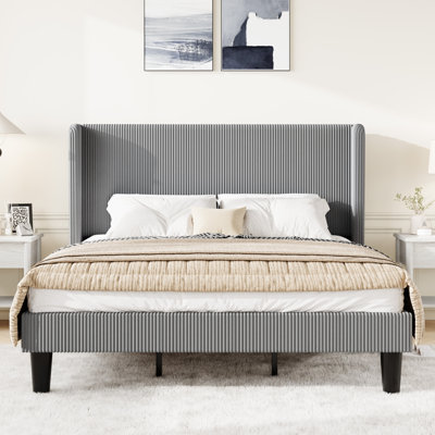 Vertical Channel Corduroy Upholstered Platform Bed Frame With Wingback Headboard