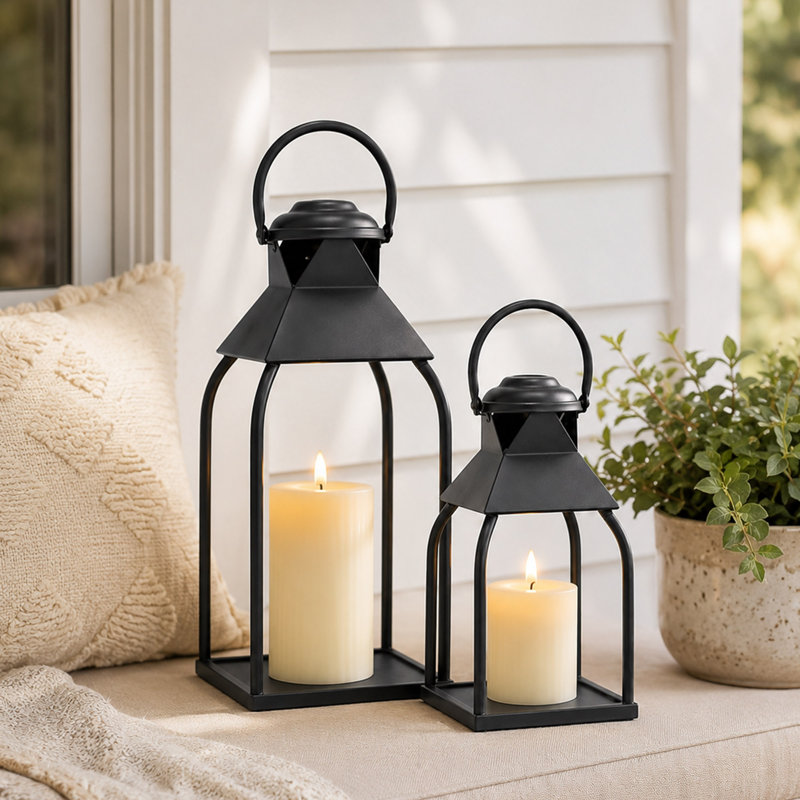 Ensemble de 2 porte-bougies en métal noir, lanternes décoratives