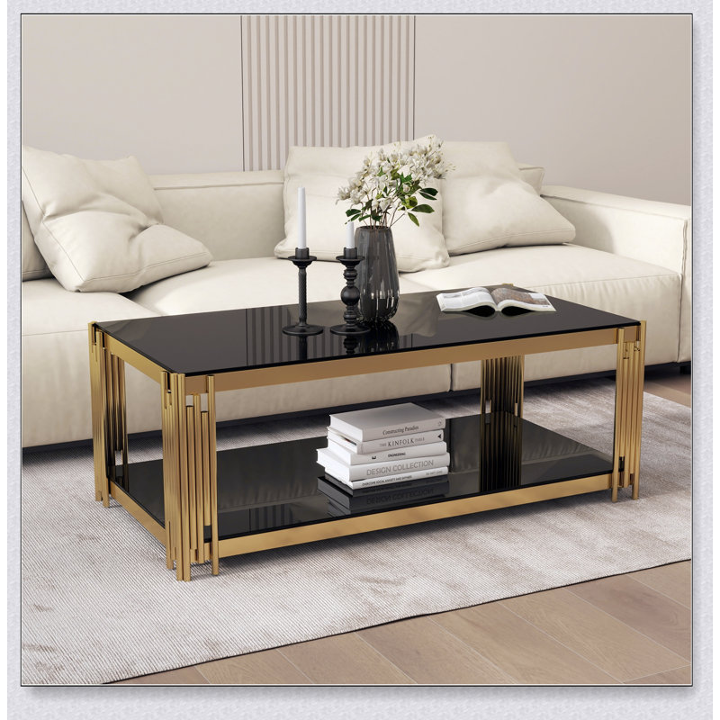 Table basse rectangulaire moderne à double couche avec verre trempé et acier inoxydable, parfaite pour les salons et les bureaux