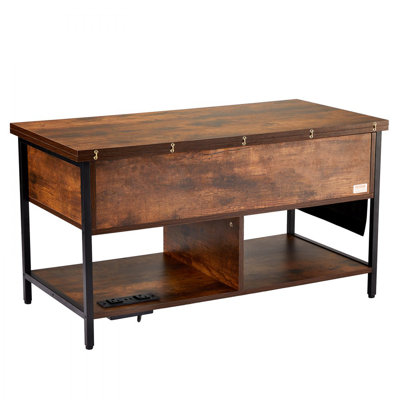Table basse, table basse à plateau relevable avec sac de rangement en tissu, petite table basse avec station de charge et lumière USB et DEL, tables basses 4-en-1 pour le salon et le bureau, brun