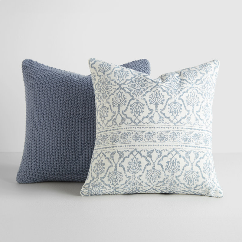 2-Pack Decor Throw Pillows Seed Stitch Knit with Cotton Patterns , Blue/Blue Floral