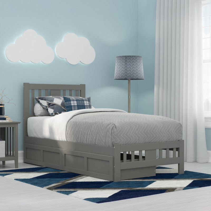 Lit plateforme avec rangement en bois massif Yarelie, gris, Simple