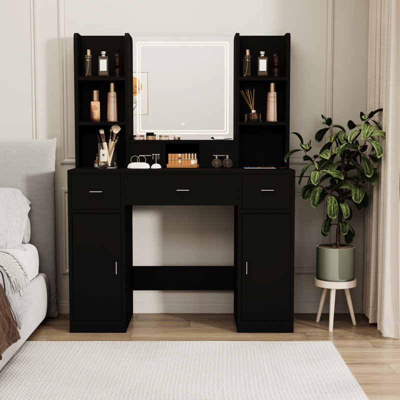 Coiffeuse noire avec 5 tiroirs et tablettes pour une conception élégante, Noir