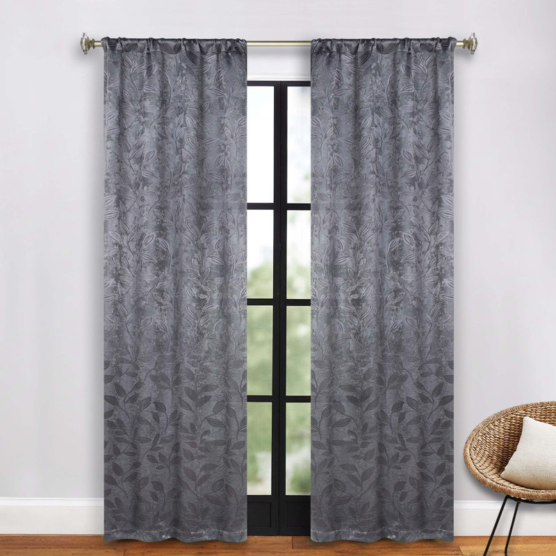  Modern Bohemian Leaves Pattern 100% Polyester Machine Washable Room Darkening Blackout Curtains, Charcoal, 26" W x 84" L