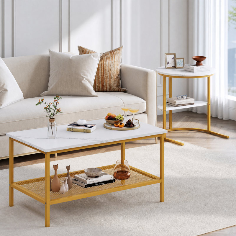 Ensemble de 2 tables basses et d'appoint avec rangement à 2 niveaux, blanc et or