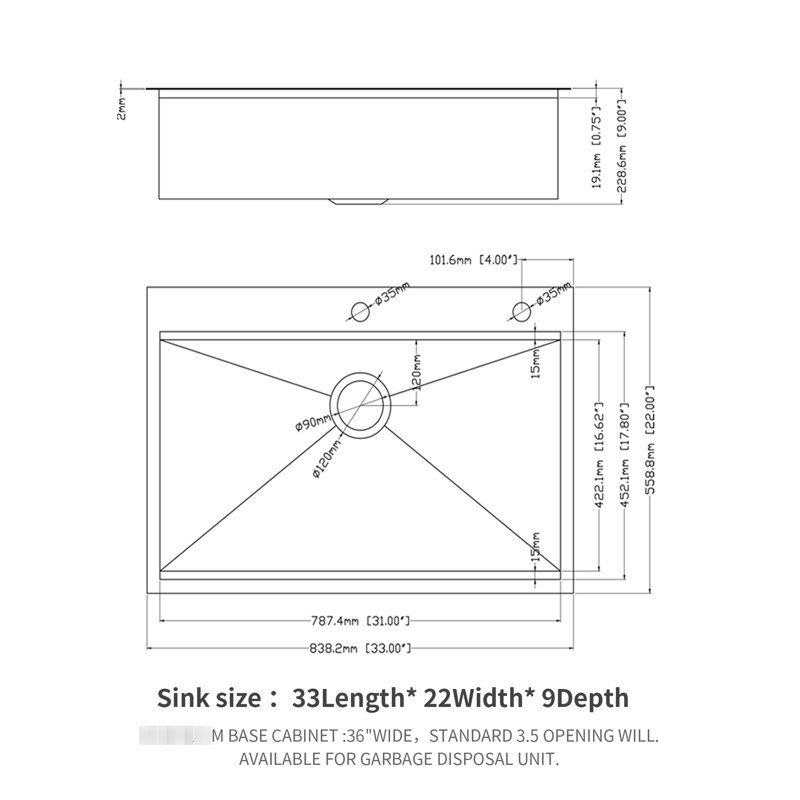 Évier de cuisine encastré en acier inoxydable de 33 po, T304 de calibre 16, poste de travail à simple cuve avec rebord pour un espace de travail polyvalent, patin insonorisant en caoutchouc, planche à découper en acier T304, repas de conception