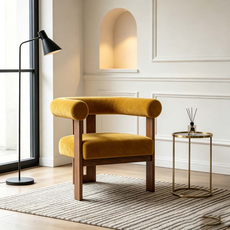 Chaise d'appoint moderne rembourrée avec accoudoirs ronds, Jaune moutarde