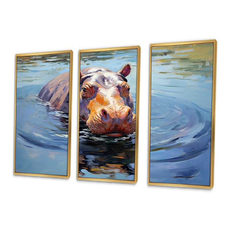 «Curious Water Hippo - Hippopotamus», art mural, Cadre flottant doré, H 28 po x l 36 po