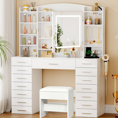 Modern Makeup Vanity Set Lighted Mirror And Glass Top, 15 Drawers & Built-in Outlets