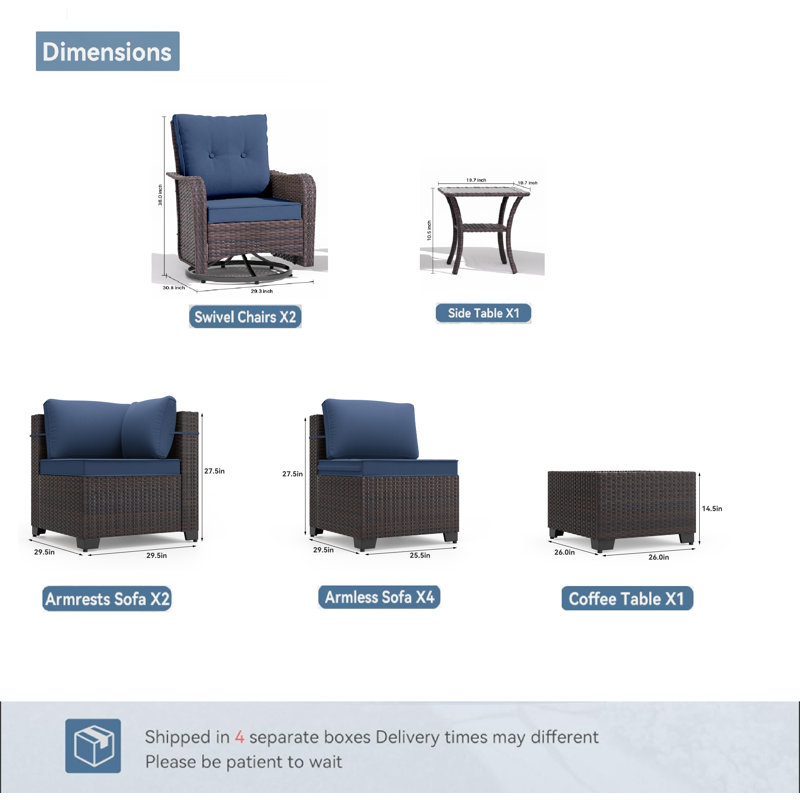 Kullavik 10 Pieces All-Weather Wicker Patio Furniture Set With Swivel Chair,Cushions And Coffee Table, Navy