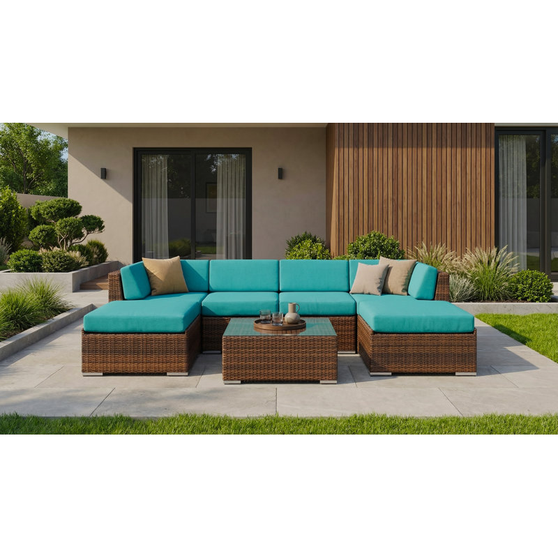 Billyjo Wicker 4 - Person Seating Group with Cushions - No Assembly, Supercrylic Turquoise, Mixed Brown