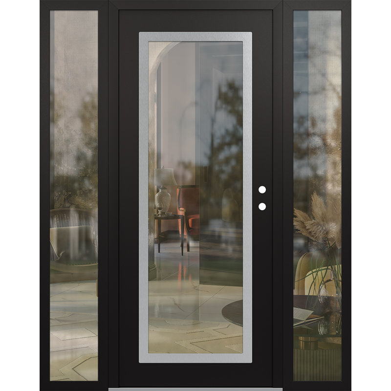 Porte d'entrée avant prémontée à panneau latéral en acier argenté noir / noir Cl1, Gauche, L 61,69 po x H 81,69 po
