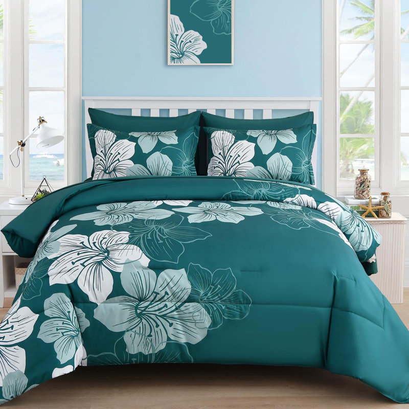 Ensemble d'édredon floral 7 pièces avec draps en microfibre toutes saisons, Sarcelle
