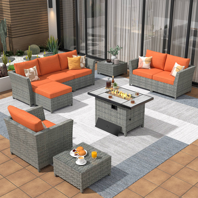 Ensemble de conversation d'extérieur pour 6 personnes avec coussins Kyandra, Orange