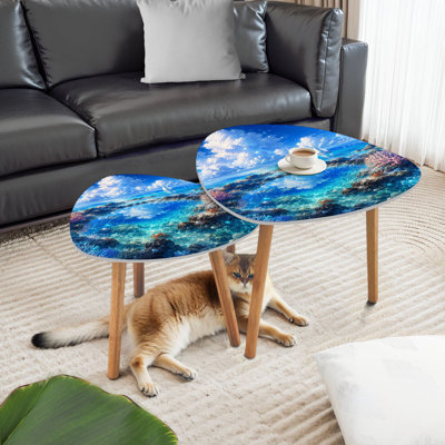 Triangle Nesting Coffee Table Set of 2 Vibrant Coral Reef Clear Blue Water Colorful Corals Crabs Sailboat End Table Modern Minimalist Side Table Set for Living Room Bedroom