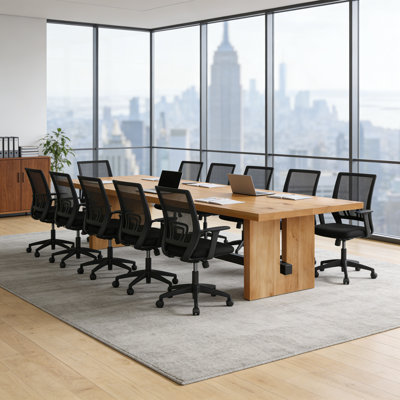 10‑Person Industrial Solid Wood Conference Table & 10 Ergonomic Office Chair Set