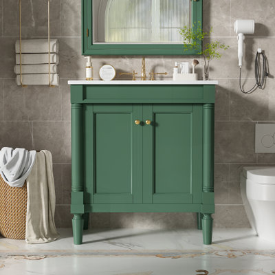 Meuble-lavabo de 30 pouces avec lavabo en céramique, portes à fermeture en douceur et pieds en bois massif pour un rangement élégant
