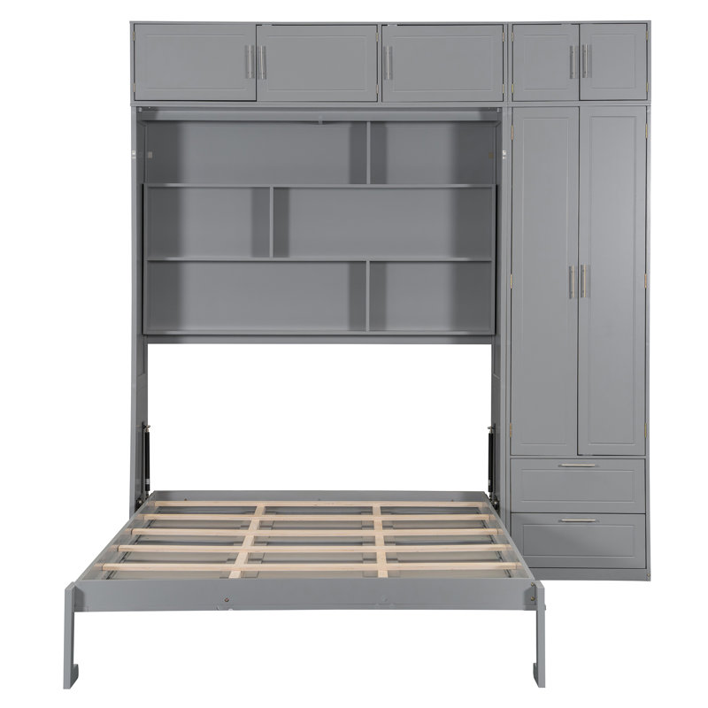 Grand lit escamotable mural avec armoire supérieure, tablettes et garde-robe - Lit pliant peu encombrant gris, gris