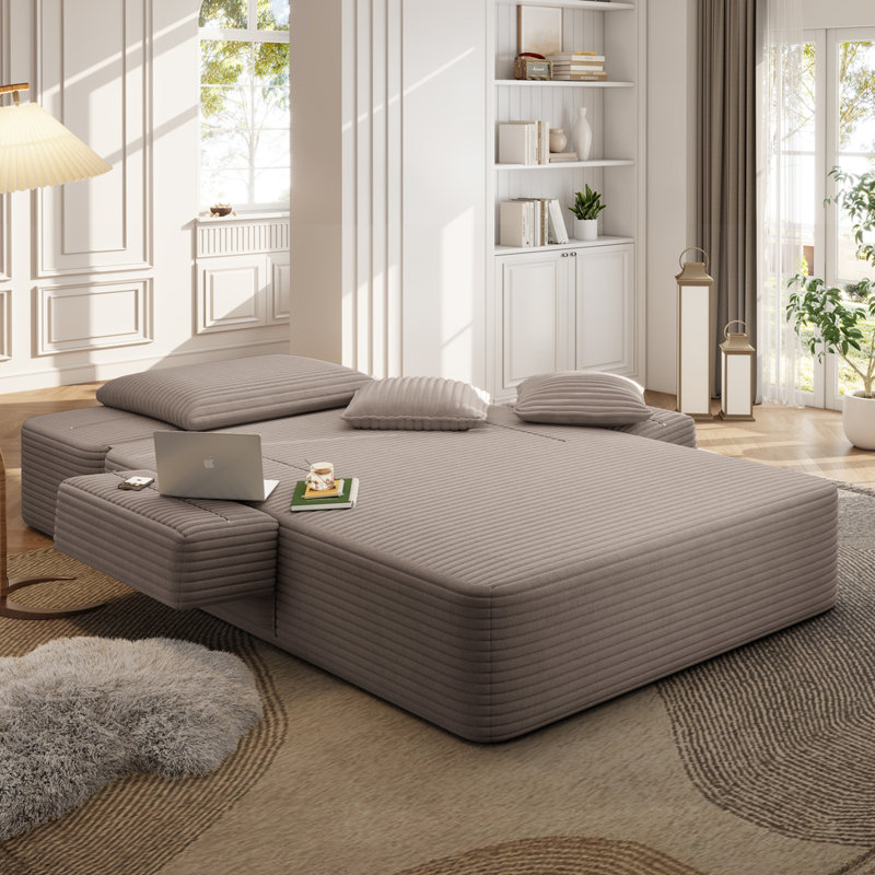 Luxueuse chaise longue en velours côtelé moelleux avec 3 coussins, canapé-lit convertible 2 en 1 et pochette de rangement, conception sans cadre et mousse de compression, aucun assemblage requis, pour les petits espaces, le salon, l’appartement