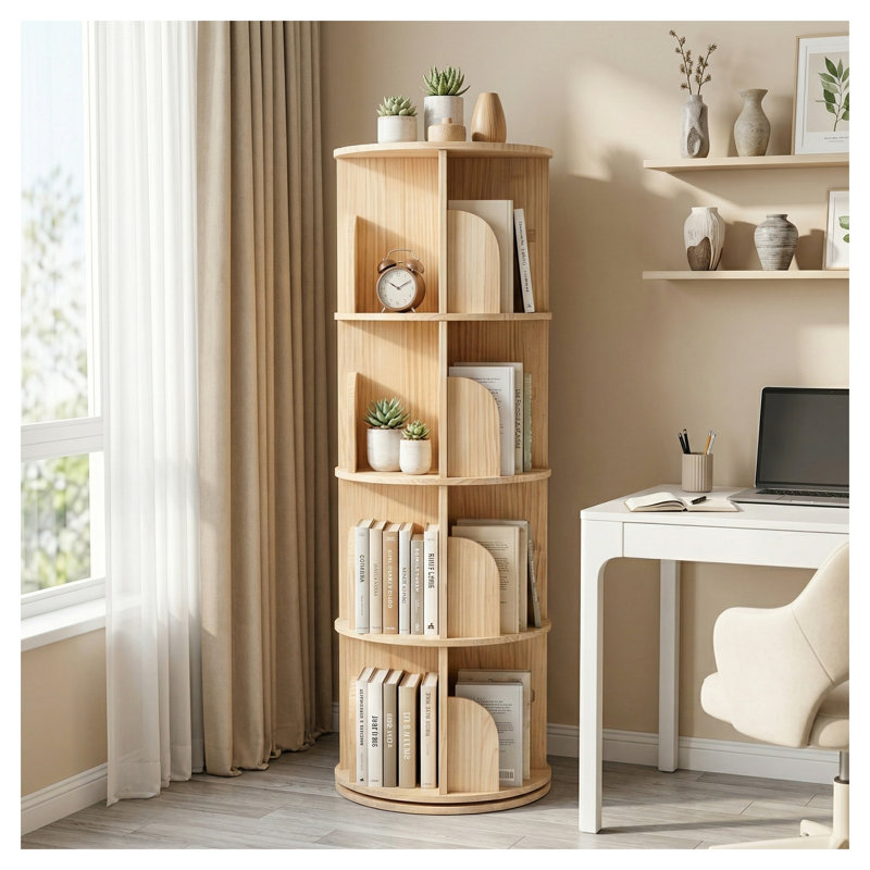 Bibliothèque rotative à 4 niveaux, tour de rangement ronde en bois robuste