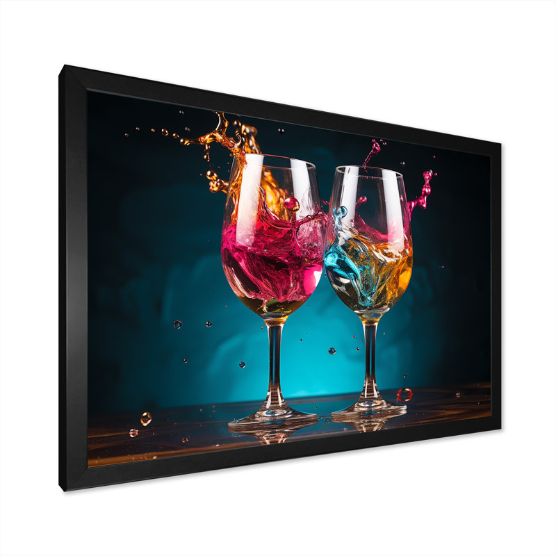 «Whimsical Cheers - Wine», art mural champagne, Cadre simple noir, H 30 po x l 40 po x P 1,5 po