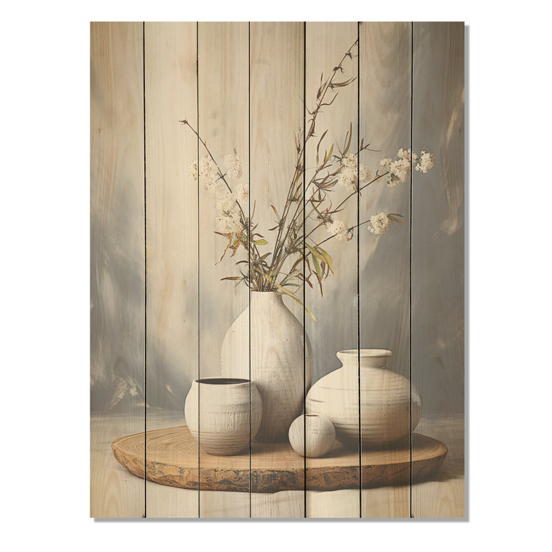 Modernist Ceramics Pottery II - Boho Pottery sur impression de bois, H 32 po x l 24 po