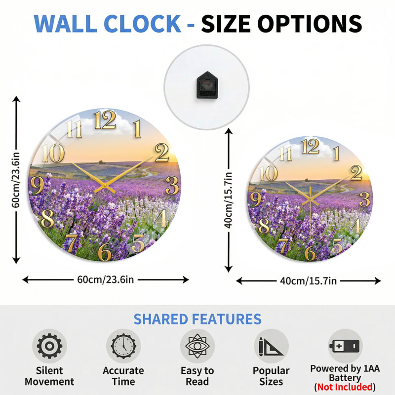 Horloge murale lavande, 60 x 60 cm (23,6 x 23,6 pouces)