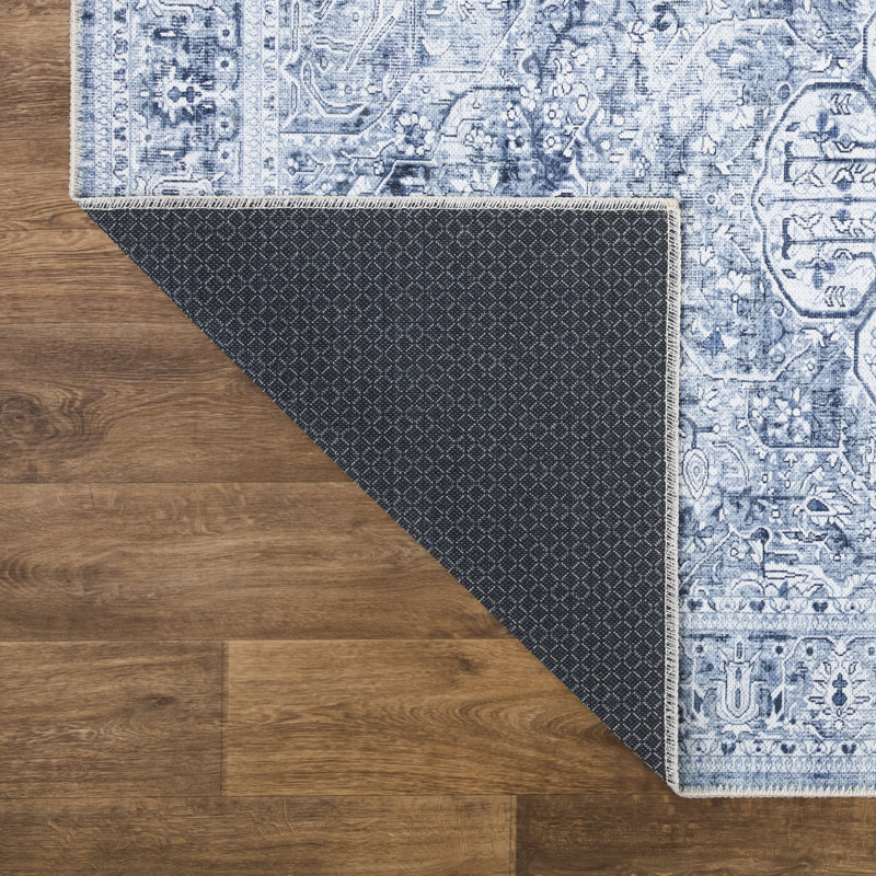  Washable Non-Slip Rug - Ivory / Denim Blue Traditional Medallion Area Rug for Living Room, Bedroom, Dining Room, and Kitchen