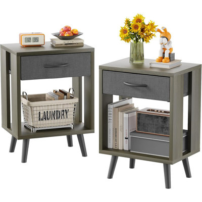 Nightstands Set Of 2 With Black Fabric Storage Drawer And Open Wood Shelf, Side Table With Storage For Bedroom, Bedside Tables - Gray 23.7" H