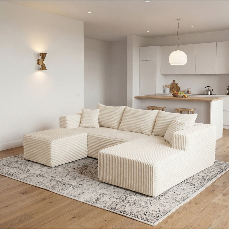 Canapé d'angle en U compressé de 350 cm (137,8 po) pour salon, canapé modulable en tissu flanelle, support à ressorts ensachés et base antidérapante, aucun assemblage requis, beige