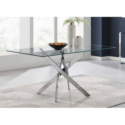 Table de salle à manger rectangulaire moderne en verre trempé avec structure en métal argenté, cuisine et table de salle à manger élégantes