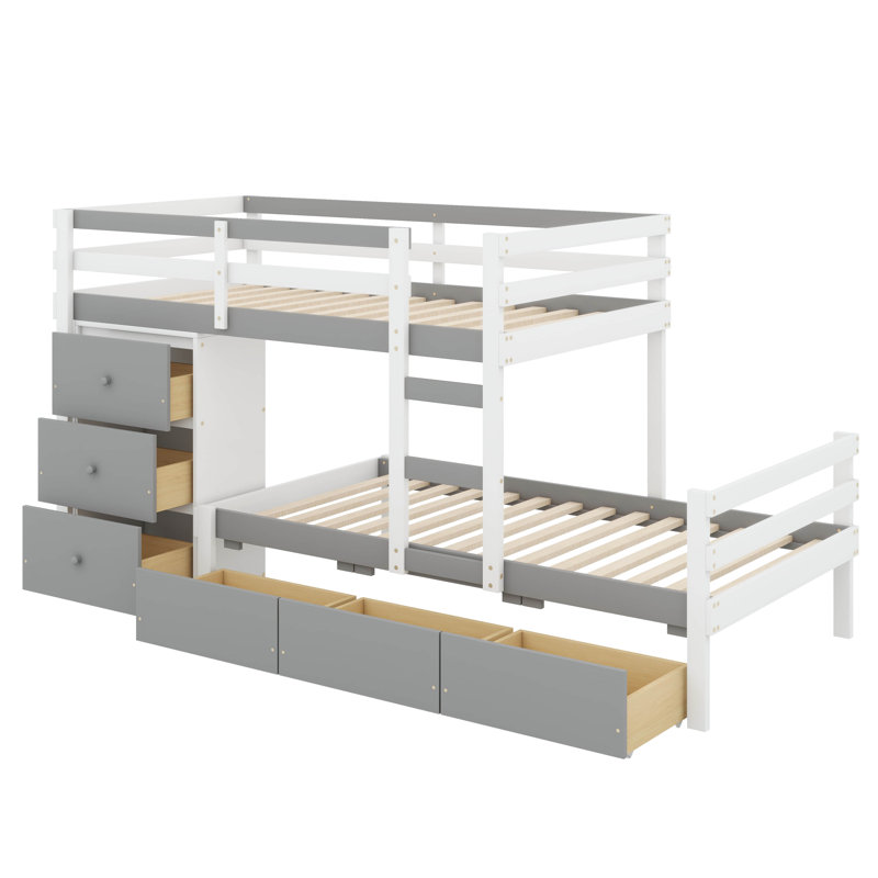 Space-Saving Twin Over Twin Loft Bunk Bed With Integrated Drawers And Sturdy Ladder, Gray