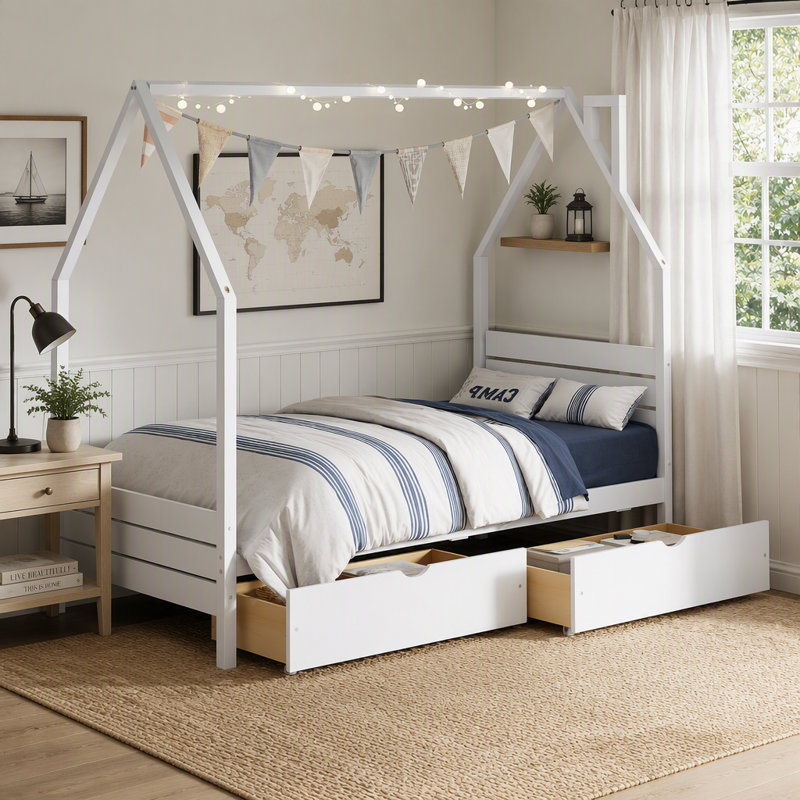 Cadre de lit Montessori pour enfants avec 2 tiroirs de rangement et tête de lit, sommier non nécessaire, Twin, White